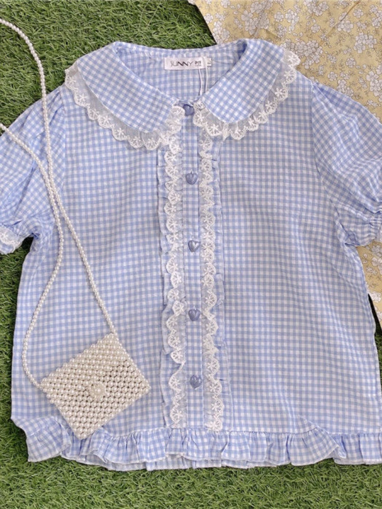 KOSAHIKI Lolita Blouse Retro Plaid  Women Lace Ruffle Shirt Peter Pan Collar Short Sleeve s Top  Vintage Blusas