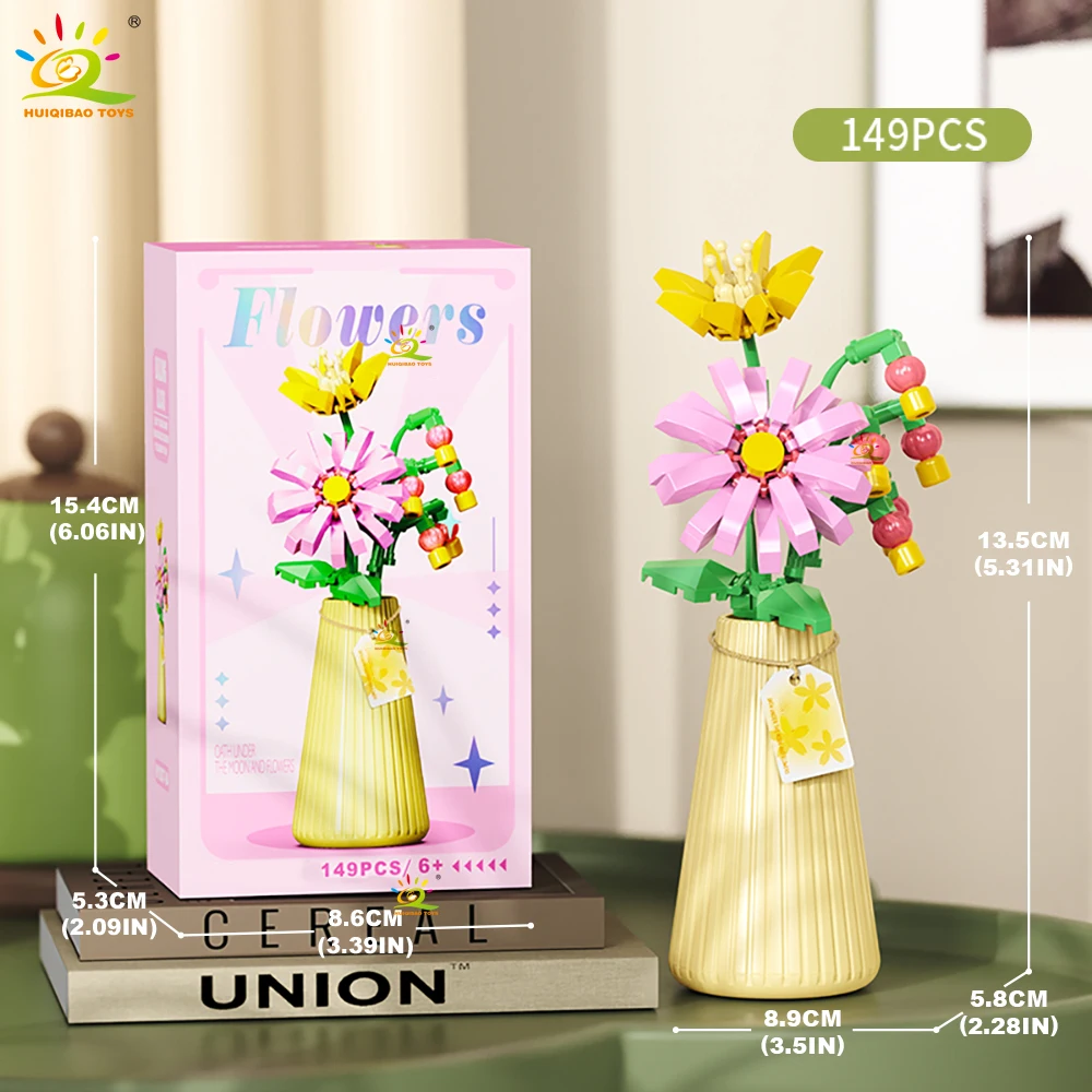 HUIQIBAO MOC Eeuwig Bloemboeket met pot Micro Bouwsteen Zonnebloem Rose Mini Model Baksteen Speelgoed thuis Bureau Decoratie - afbeelding 1