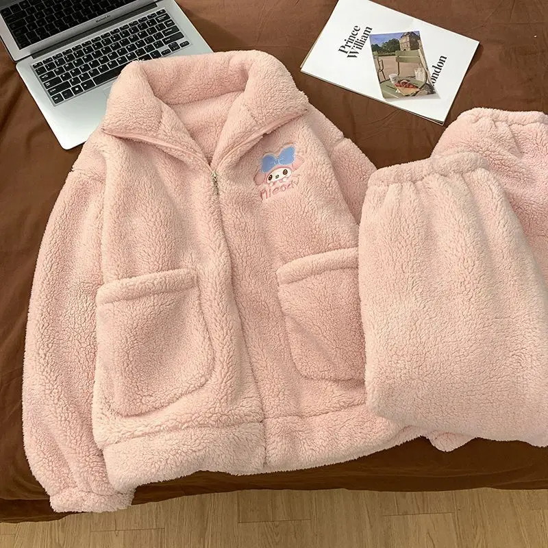 الوردي بلدي ميلودي أزياء الكرتون لطيف منامة للفتيات سميكة الدافئة سستة سترة أفخم ملابس المنزل يمكن ارتداؤها خارج