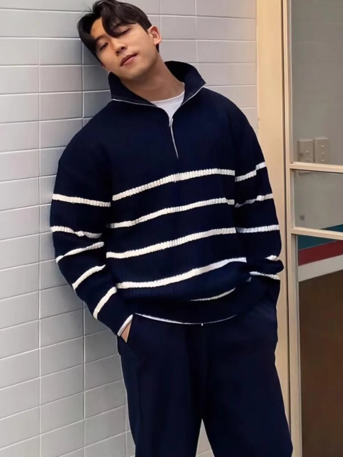 Japońska dzianina w paski, męski sweter z zamkiem błyskawicznym, golf, płaszcz, styl Sea Soul, luźny krój casualowy.