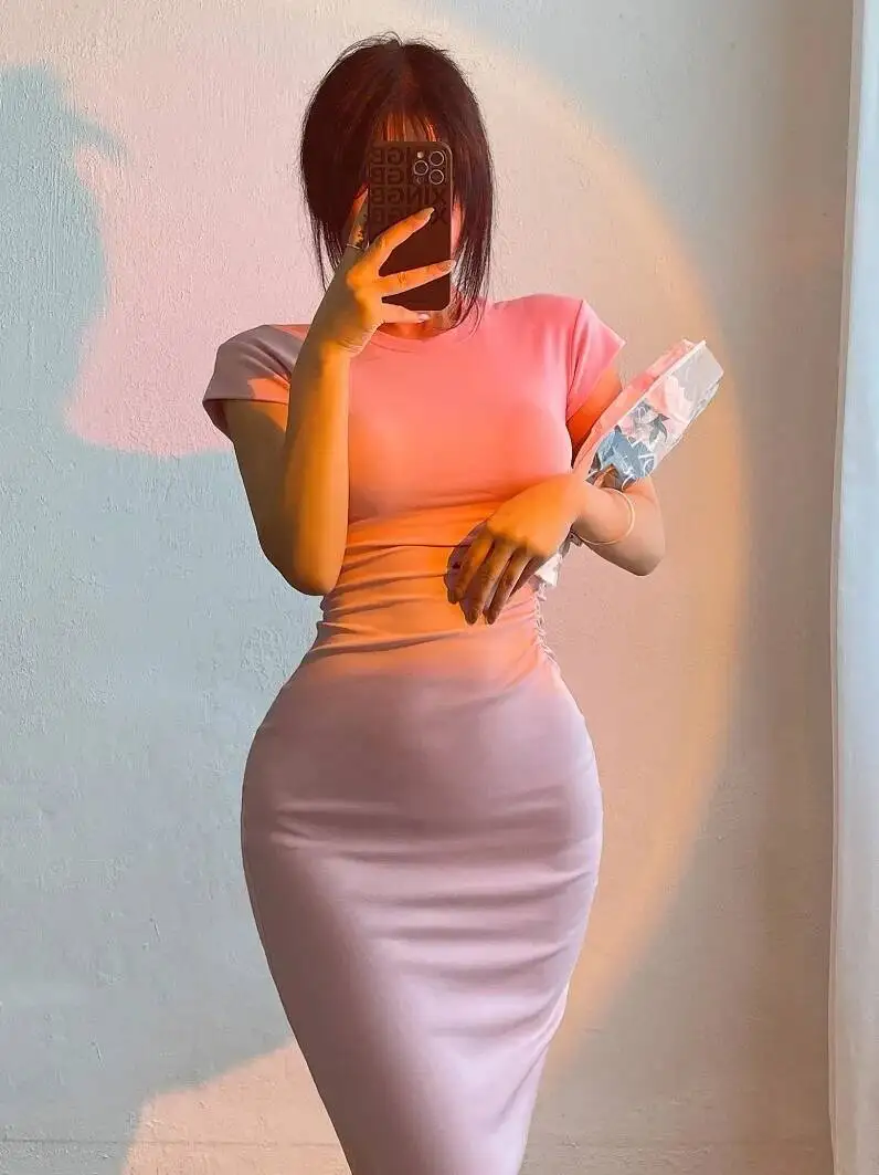 WOMENGAGA 純粋なセクシーなラウンドネックハイウエストプリーツスリムヒップ半袖 Tシャツロングドレスマキシドレス女性ファッションローブ K8VS