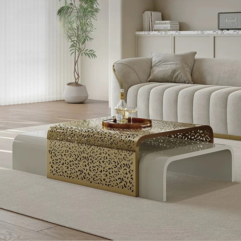 #￥Italian Light Luxury Retractable Coffee Table High-end StainlessSteel Metal Hollow Edge Side Tables Combination Home Furniture