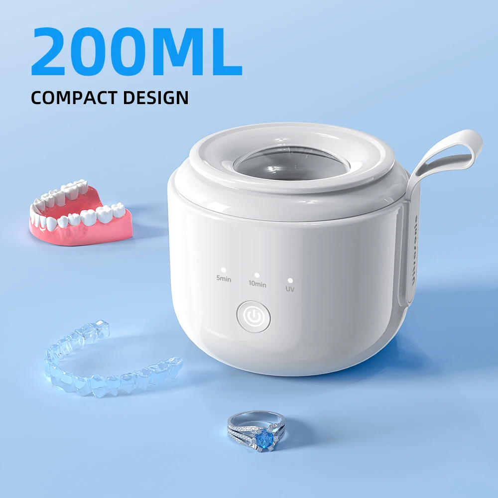 KUNPHY 超音波 UV クリーナー 200 ミリリットル 48kHz 入れ歯アライナーリテーナー美白トレイナイト歯科マウスガードバッテリー USB 付き