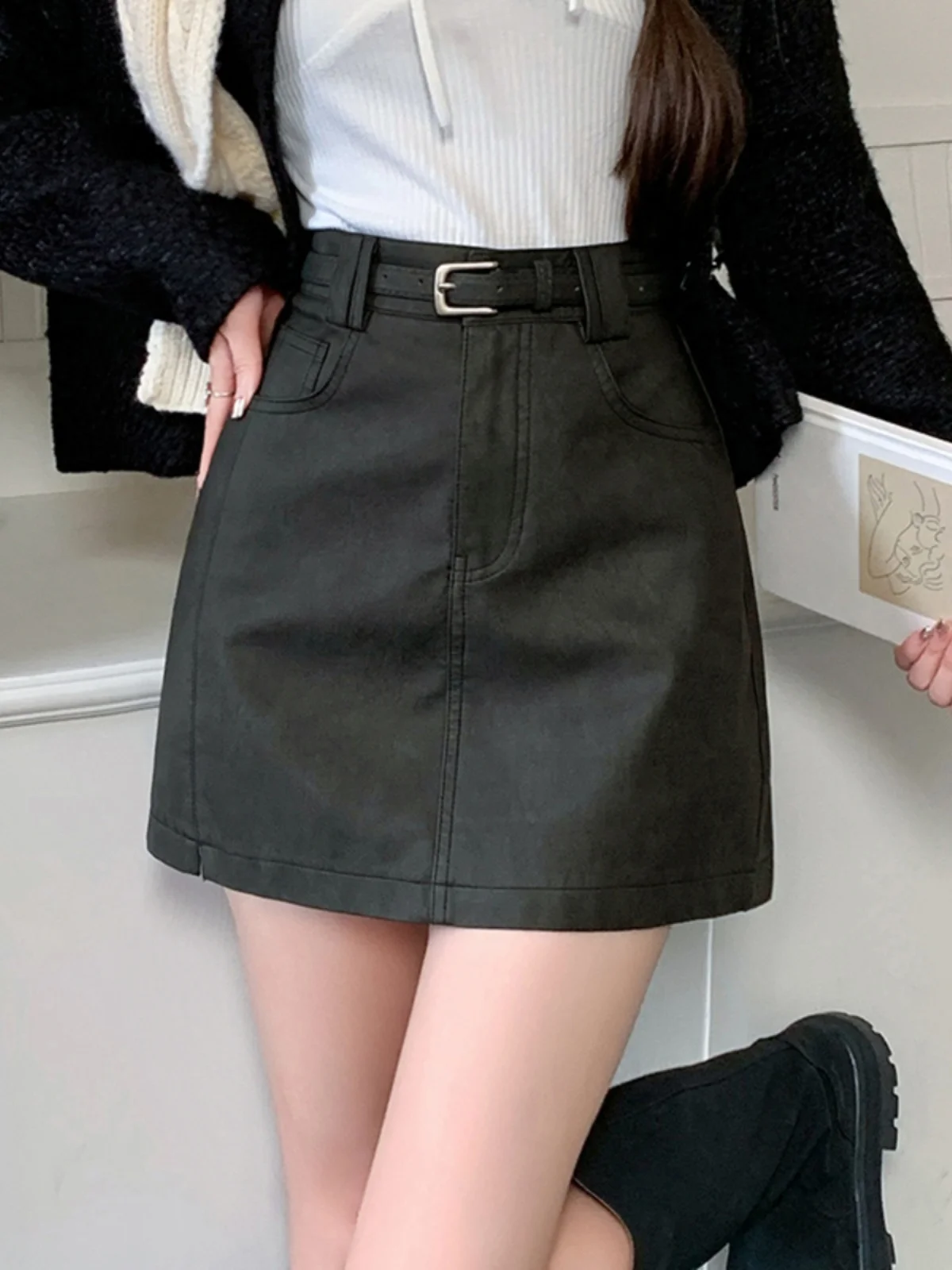 

Caramel PU Leather A-Line Skirt High Waist Women's Autumn Winter New Sle Slimming ort Skirt Faionable Ele