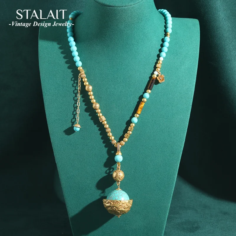 

Vintage Turquoise Beads Necklaces For African Party Antique Gold Color Statement Bohemian Brass Luxury Designer Jewelry Gifts
