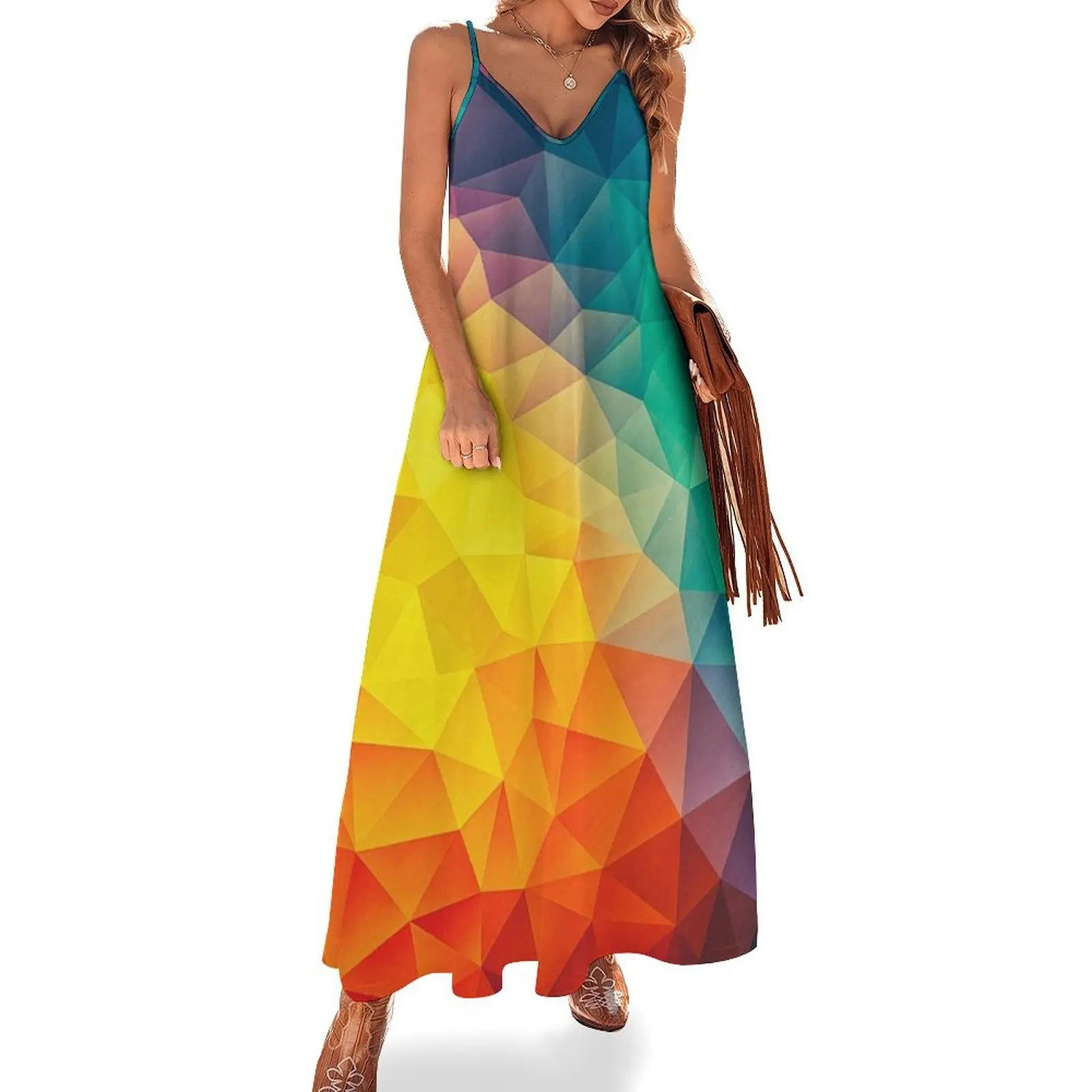 Abstract Multi Color Cubizm Painting Sleeveless Long Dress loose women's dress summer dress daily