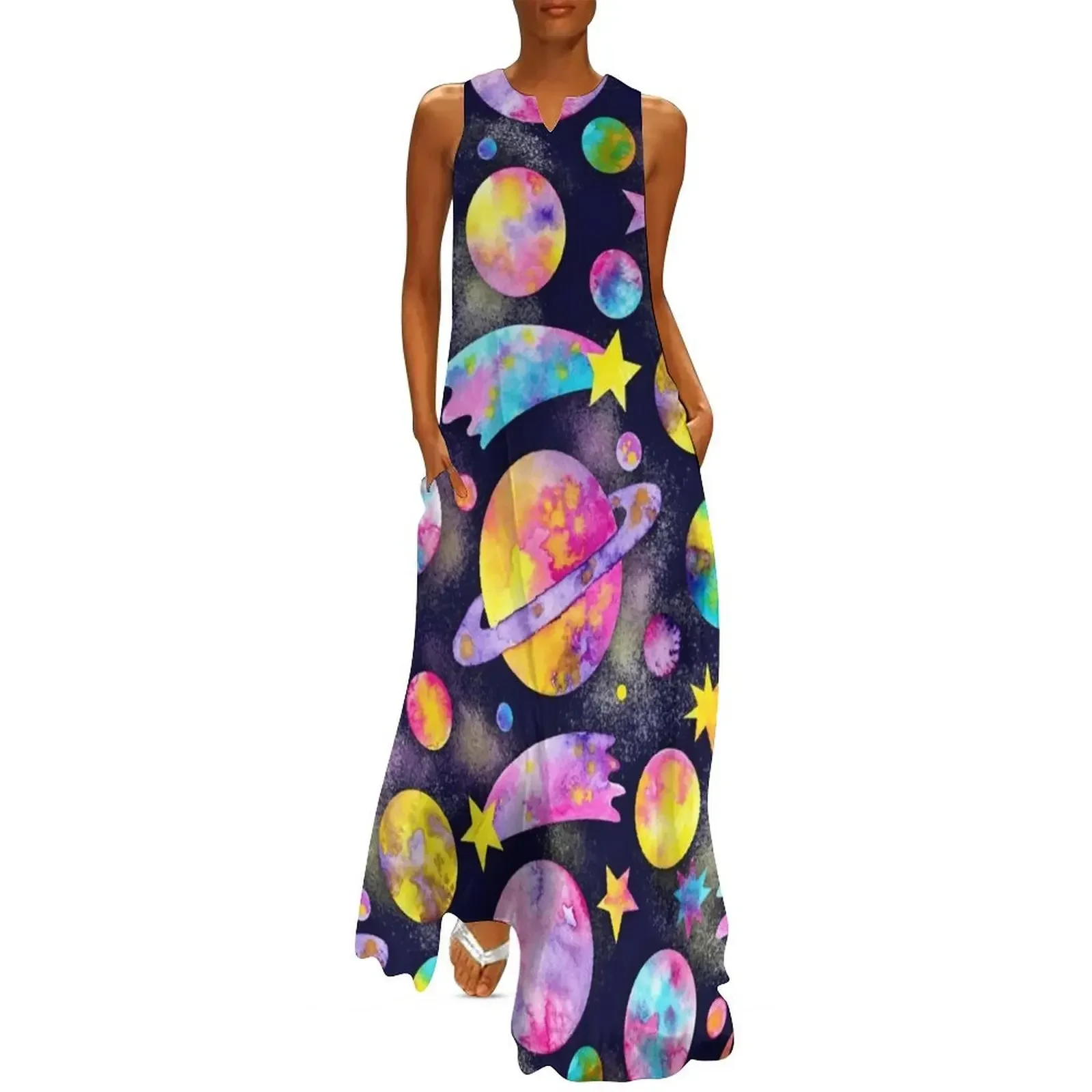 

Outer Space Watercolour Planets All Over Pattern Long Dress Woman dresses Womens dresses Dress