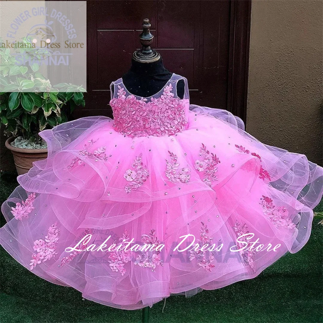 

Flower Girl Dresses Tulle Puffy Appliques Crystals With Bow Sleeveless For Wedding Birthday First Communion Pageant Gowns