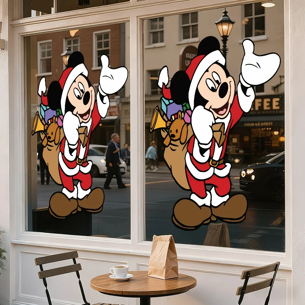 1 ملصق نافذة عيد الميلاد من ديزني، سانتا كلوز ميكي مع تصميم حقيبة هدايا - مناسب للزجاج والجدران والثلاجة والمرايا وديكور الغرفة
