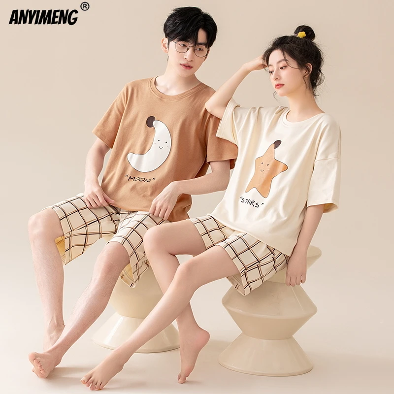 100% Cotton Summer New Fashion Short Sleeve Short Pants Couple\'s Pajamas Soft Cotton Kawaii Bear Printing Sleepwear for Lovers