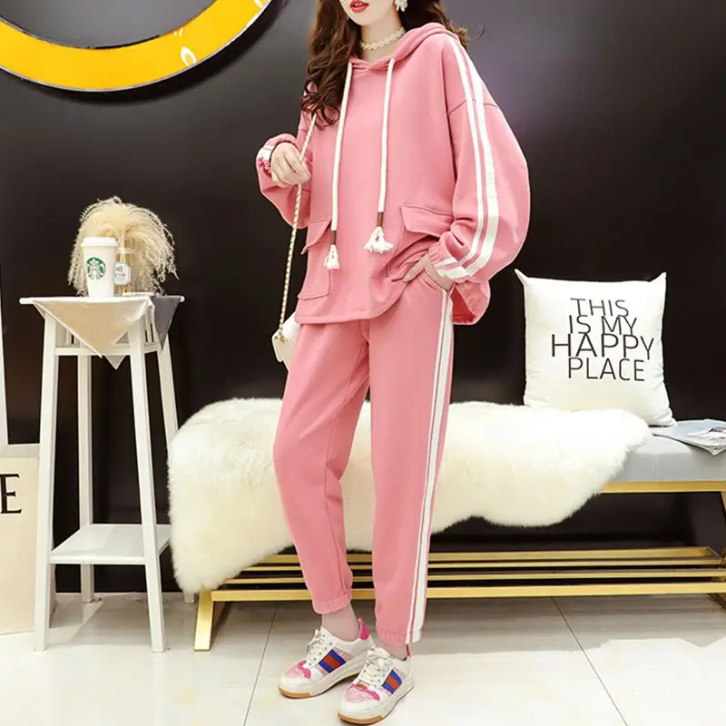 

2023 Autumn New Women Loose Large Size Sport Two-piece Set Fashion Patchwork Hooded Sweatshirt Simple Casual Long Sleeve Suit