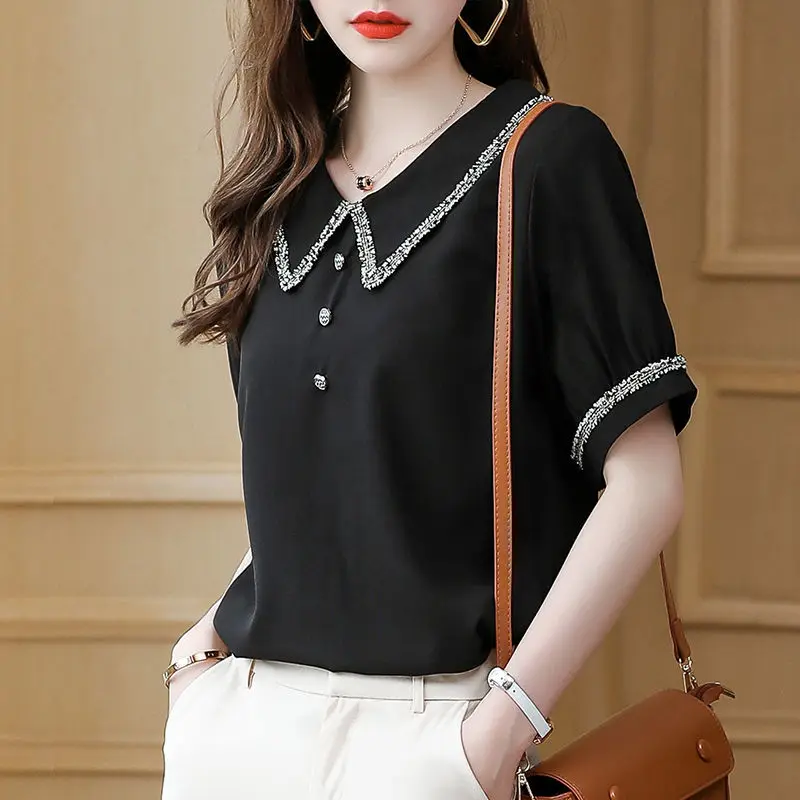 Top for Woman Office Outfits Clothing Black Women\'s Shirts and Blouses Chiffon Wear To Work Formal Collar Short Sleeve New 2024