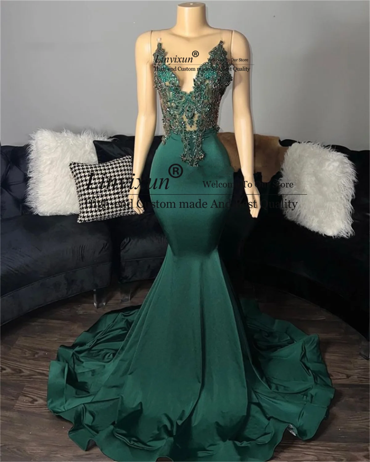 

Vintage Dark Green Mermaid Prom Dresses For Black Girls Appliques Beaded Evening Party Gowns Backless Spaghetti Robe De Soirée