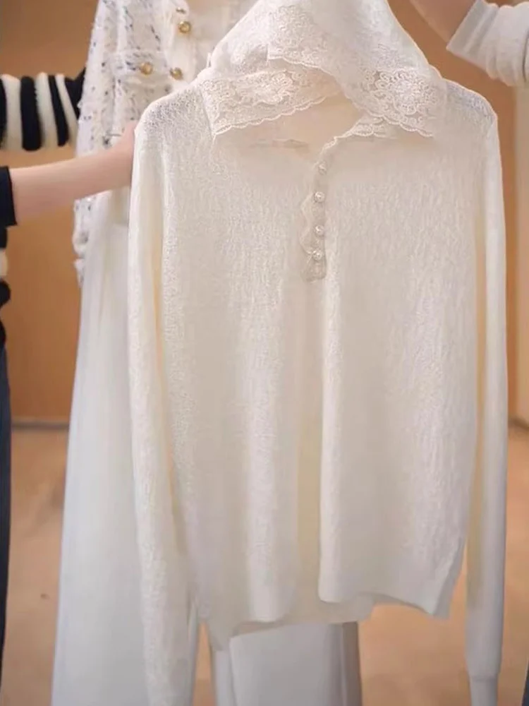 Maglione lavorato a maglia lungo Sve con cappuccio in pizzo Ele Casual Pendolarismo Strato base versatile Top Faion premium da donna Sle coreano