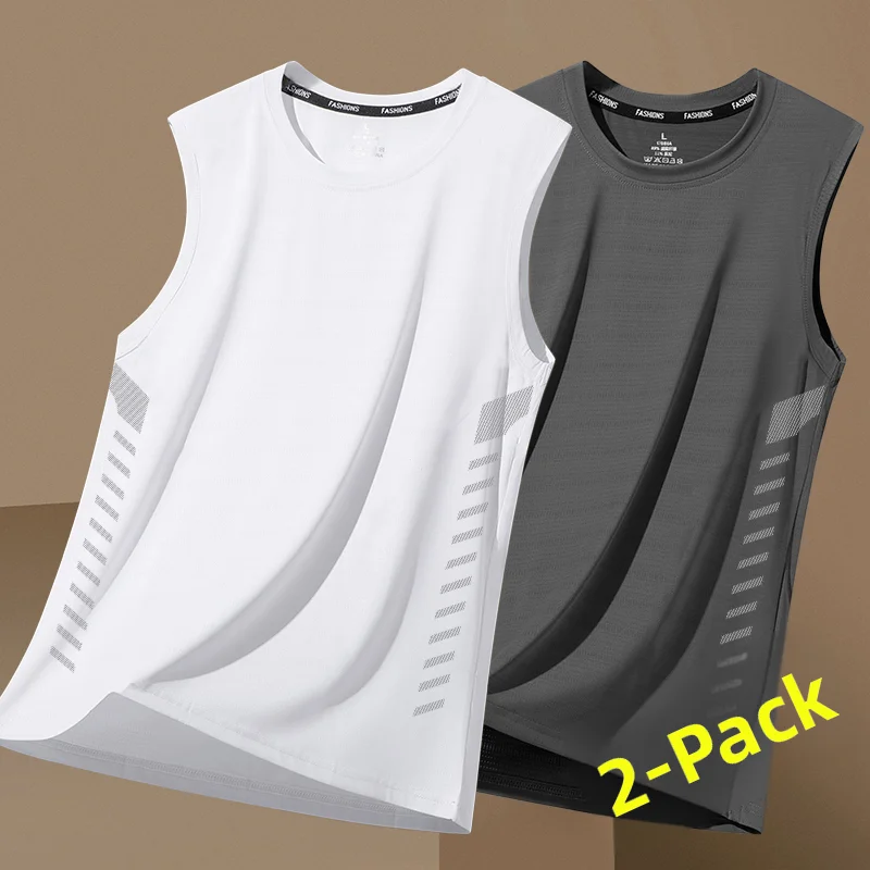 شحن سريع - سترة رجالية من الحرير الجليدي، تصميم عصري برقبة مستديرة، شبكة قابلة للتنفس، تجفيف سريع، بدون أكمام، كتف عريض، مثال...