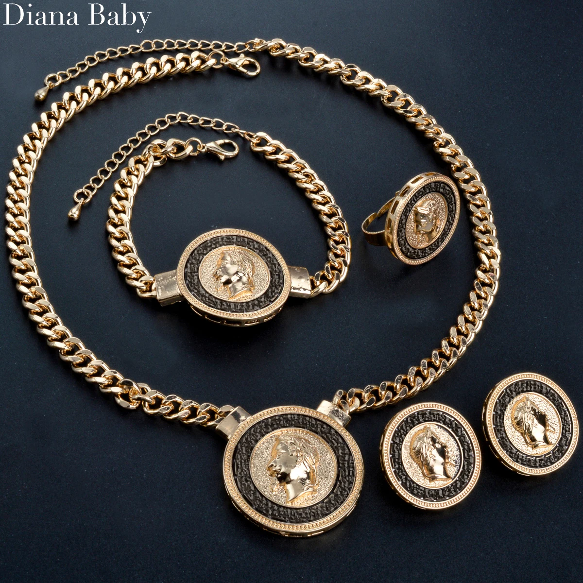 

Dubai African Women Jewelry Set Adjustable Gold Color Enamel Icon Link Chain Necklace Bracelet Ring Earrings Wedding Party Gift