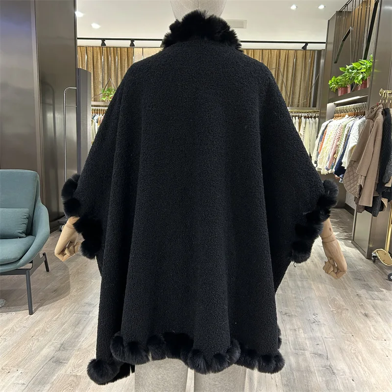 ファッション手仕事フェイクファートリム模倣ラムウールコートケープ冬ルーズオーバーコートパーティー旅行ロングクロークポンチョ女性ギフト