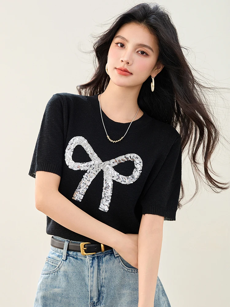 T-shirt girocollo con fiocco maglione lavorato a maglia a maniche corte per le donne 2025 estate nuova moda casual top versatili