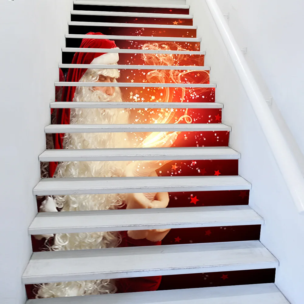 Christmas Santa Magic Star Stair Riser Stickers, Peel & Stick Vinyl 13Pcs 100x18cm Decals, Xmas Staircase DIY Home Holiday Decor