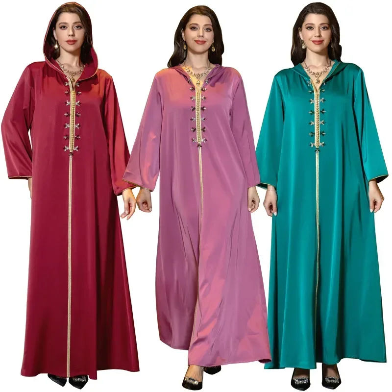 

Muslim Woman Oriental Dress Dubai Luxury Evening Party Satin Gown Fashion Beading Long Sleeve Hooded Neck Arabic Abaya Vestidos