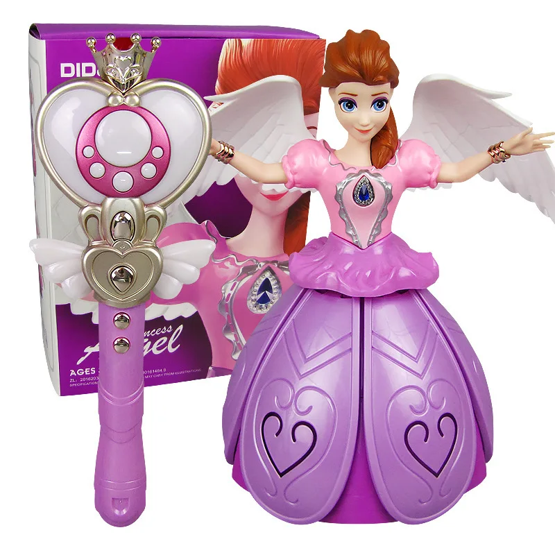 Disney Princess Frozen Electric Dancing Toys Elsa Anna Doll With Wings Action Figure Rotating Projection Light Music Model Dolls