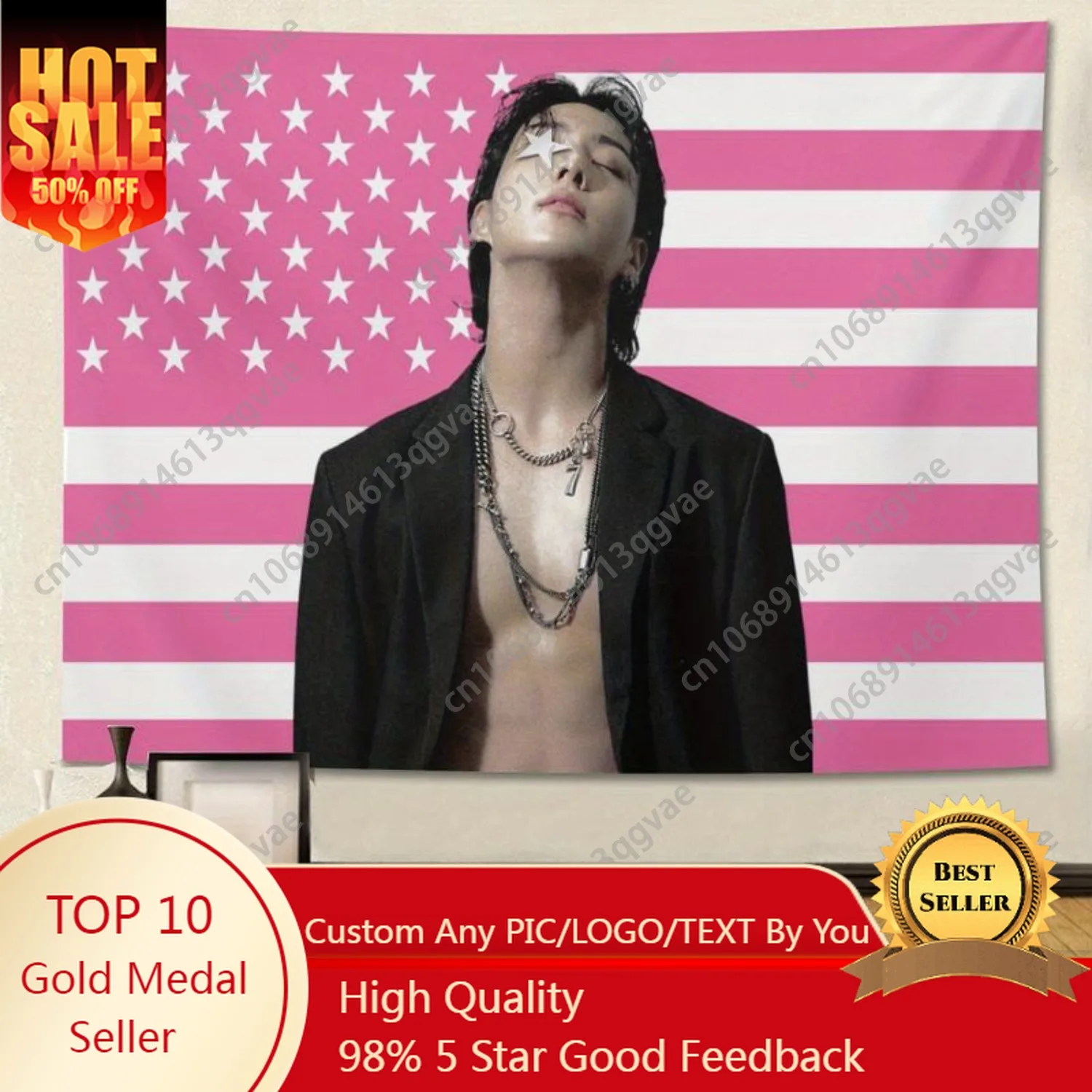 

JungKook American Flag Tapestry Stripes Wall Hanging Poster with Member Art Horizontal Home Decor for Bedroom Custom Decoration