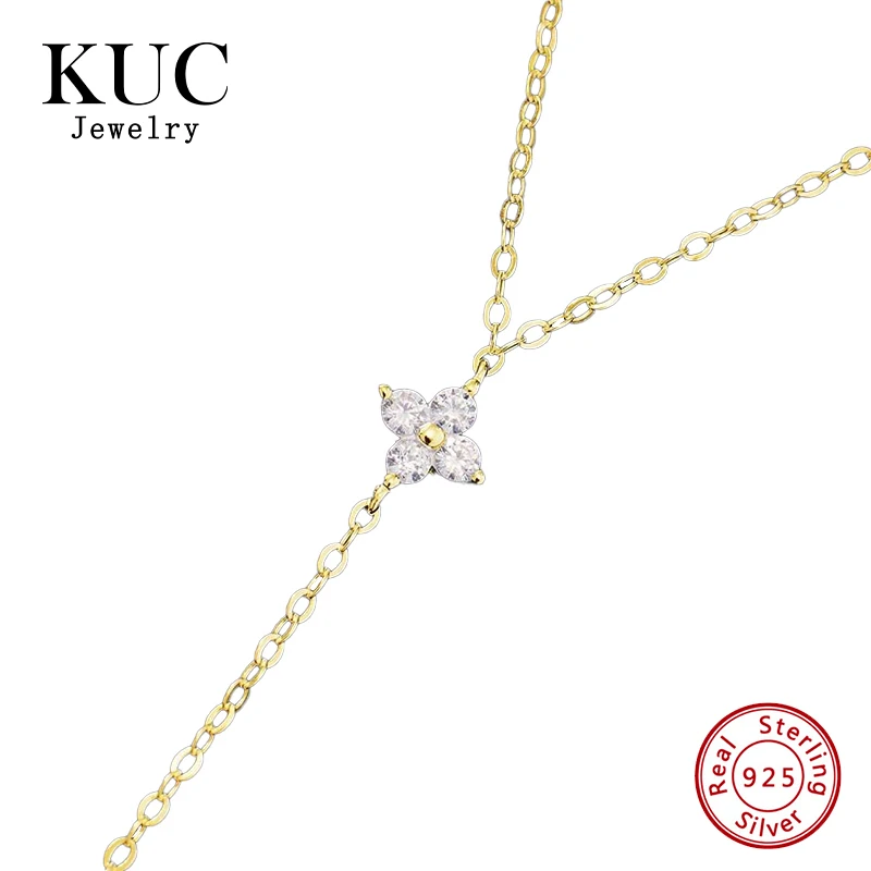 Fine Jewelry Girls Trendy Chic Design Unique 925 Sterling Silver Four Petal Flower Inlaid Zircon Ring Hand Chain Bracelet