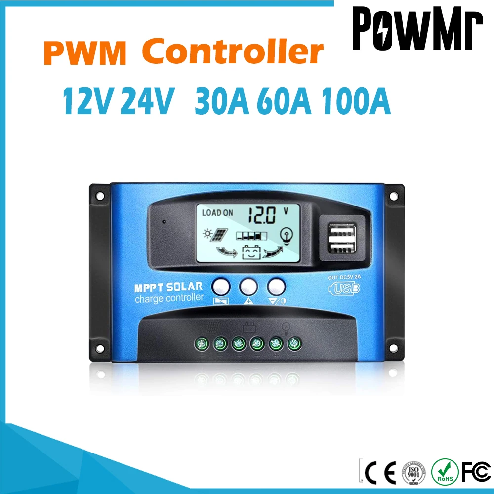Solar Charge Controller MPPT+PWM 30A 60A 100A  Dual USB LCD Display Auto 12V 24V Solar Cell Panel Charger Regulator with Load
