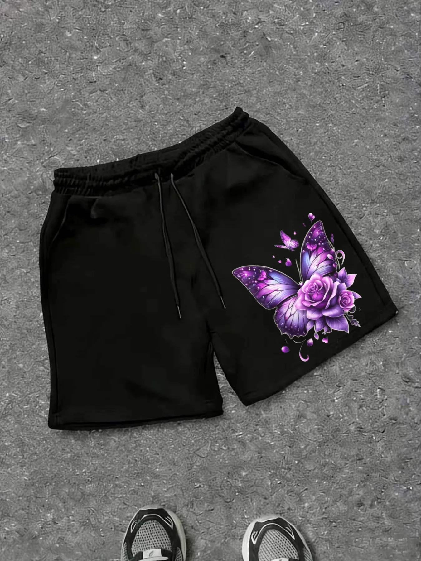 Men's Summer Leisure Home Outdoor Slow Running Breathable Printed Shorts Violet Rose Small Butterfly Design