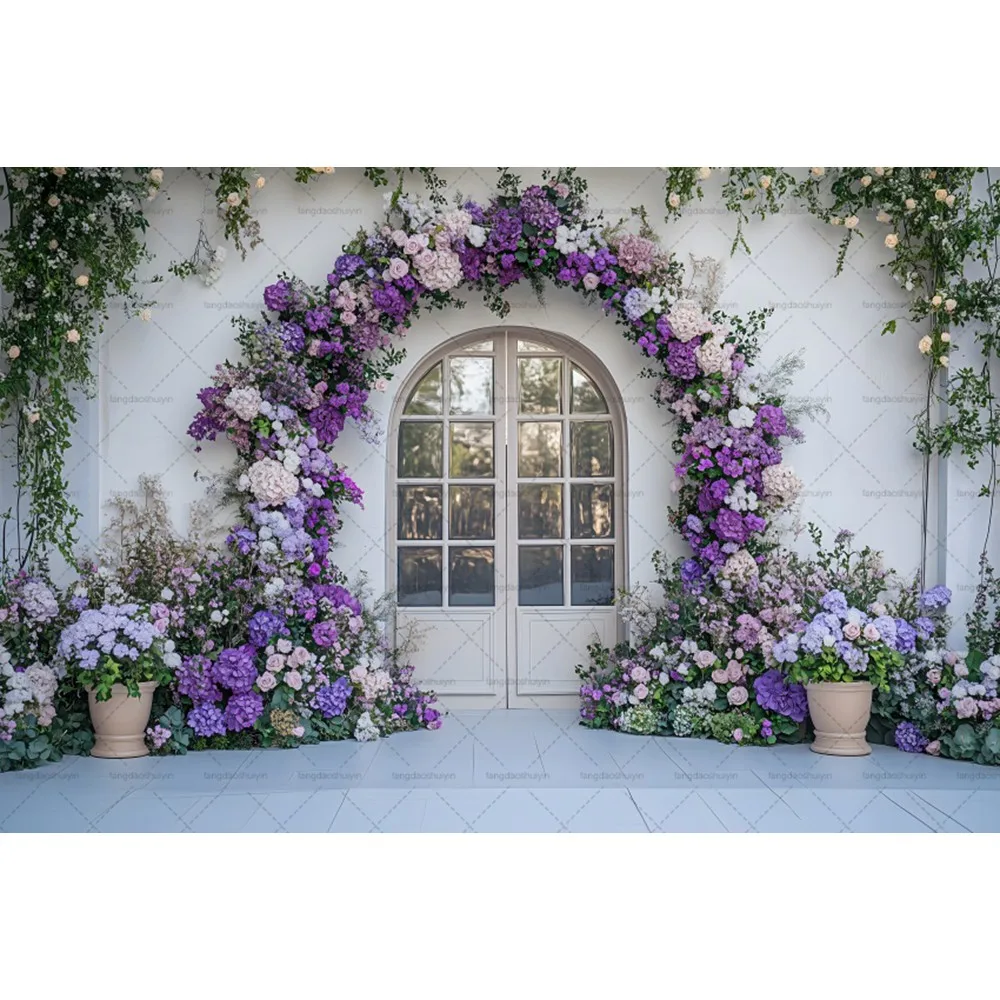 ดอกไม้สาววันเกิดการถ่ายภาพพื้นหลังประตูวินเทจ Wisteria ดอกไม้ฉากหลังเด็กทารกแสดงงานแต่งงาน Portrait Photo Studio