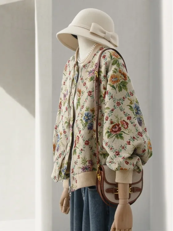 Retro Style Women's Baseball Jacket Elegant Autumn Winter Outerwear Floral Painting Embroidery High Quality Oil Painting Coat