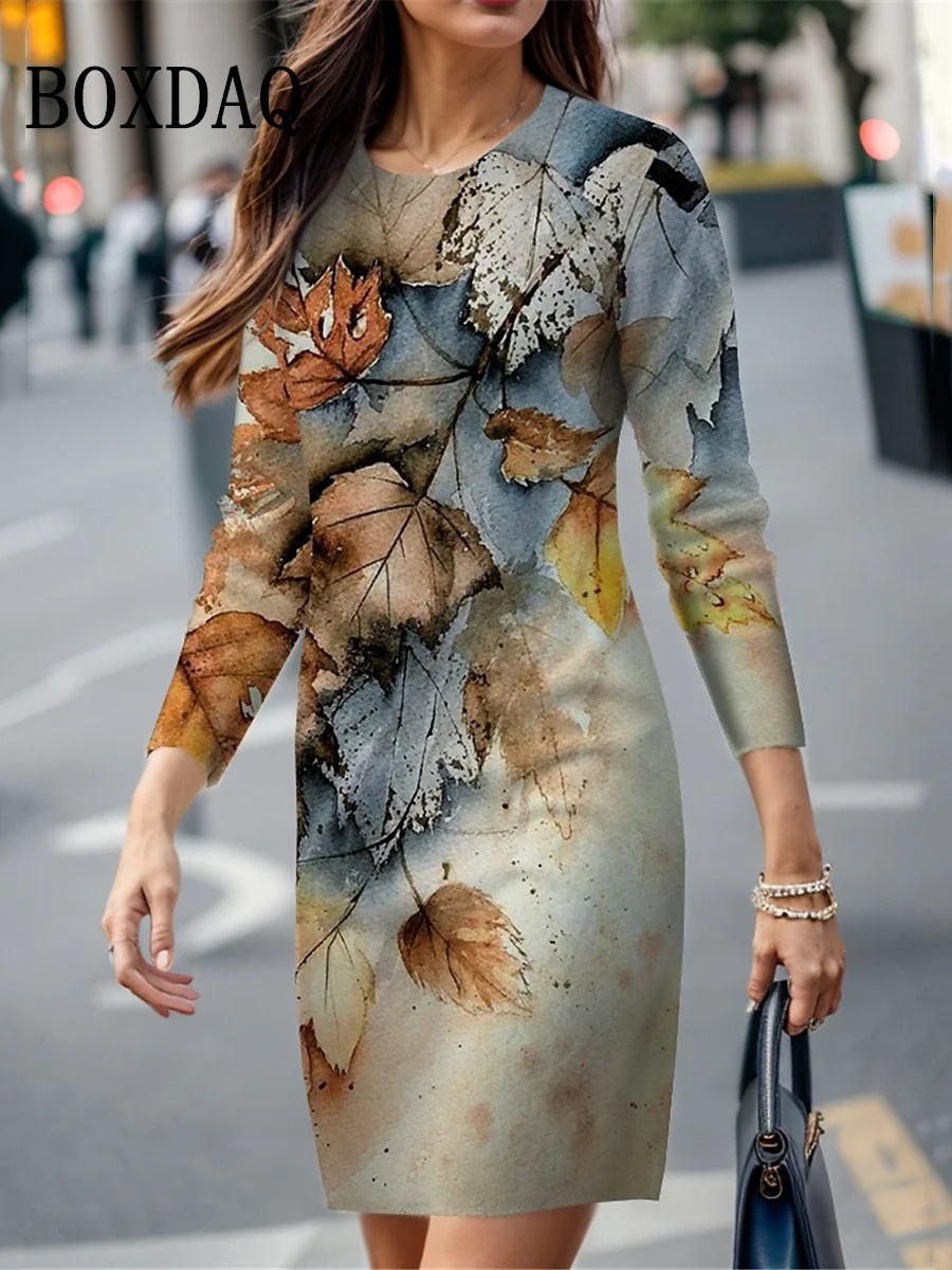 Autumn Women Retro Maple Leaf Ink Painted Pattern 3D Print Dresses Casual Long Sleeve O-Neck Loose A-Line Dress Fashion Clothing