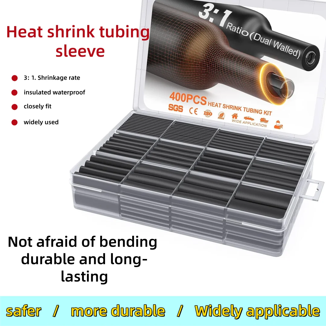 400 Piece Heat Shrink Tubing Kit, 3:1 Adhesive Lined Wire Shrink Tubing | Marine Grade, Double-Layer Wall, Industrial Waterproof Black Shrink Tubing, Steel Wire Insulation, Suitable for Automotive and Electrical Maintenance