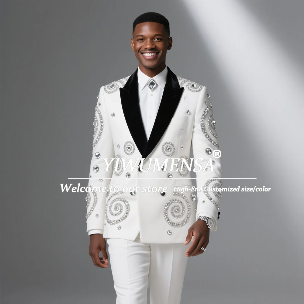Luxury Beaded Stones Groom Wedding Suits 2 Pieces Sets Black Velvet Lapel Prom Blazers Customized Men's Tuxedos Costume Homme