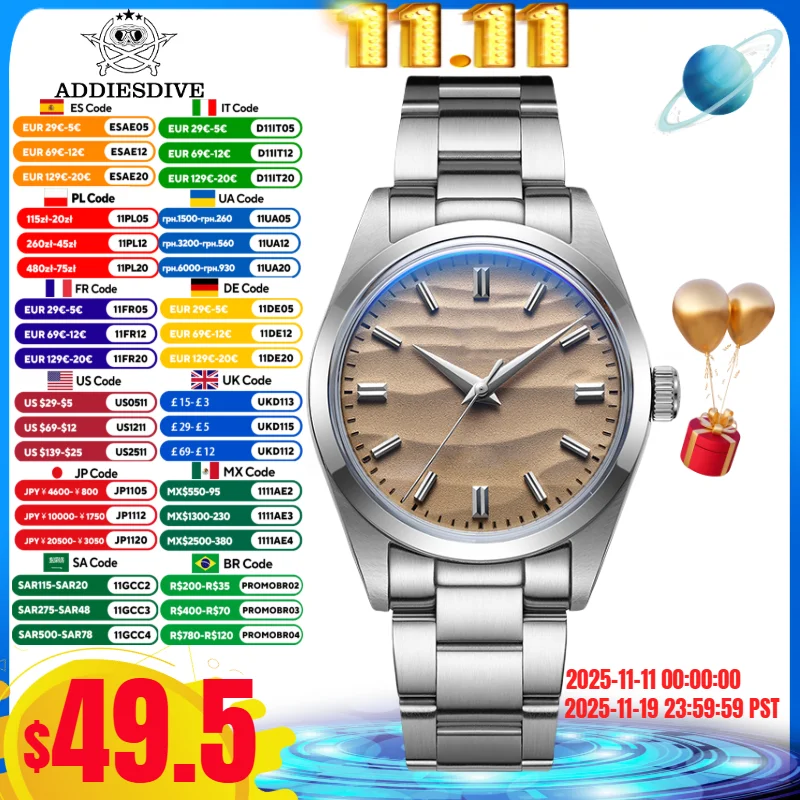 

ADDIESDIVE 36 мм мужские часы с циферблатом в пустыне AD2030 без логотипа из нержавеющей стали 316L Reloj Hombre 10 бар водонепроницаемые кварцевые часы