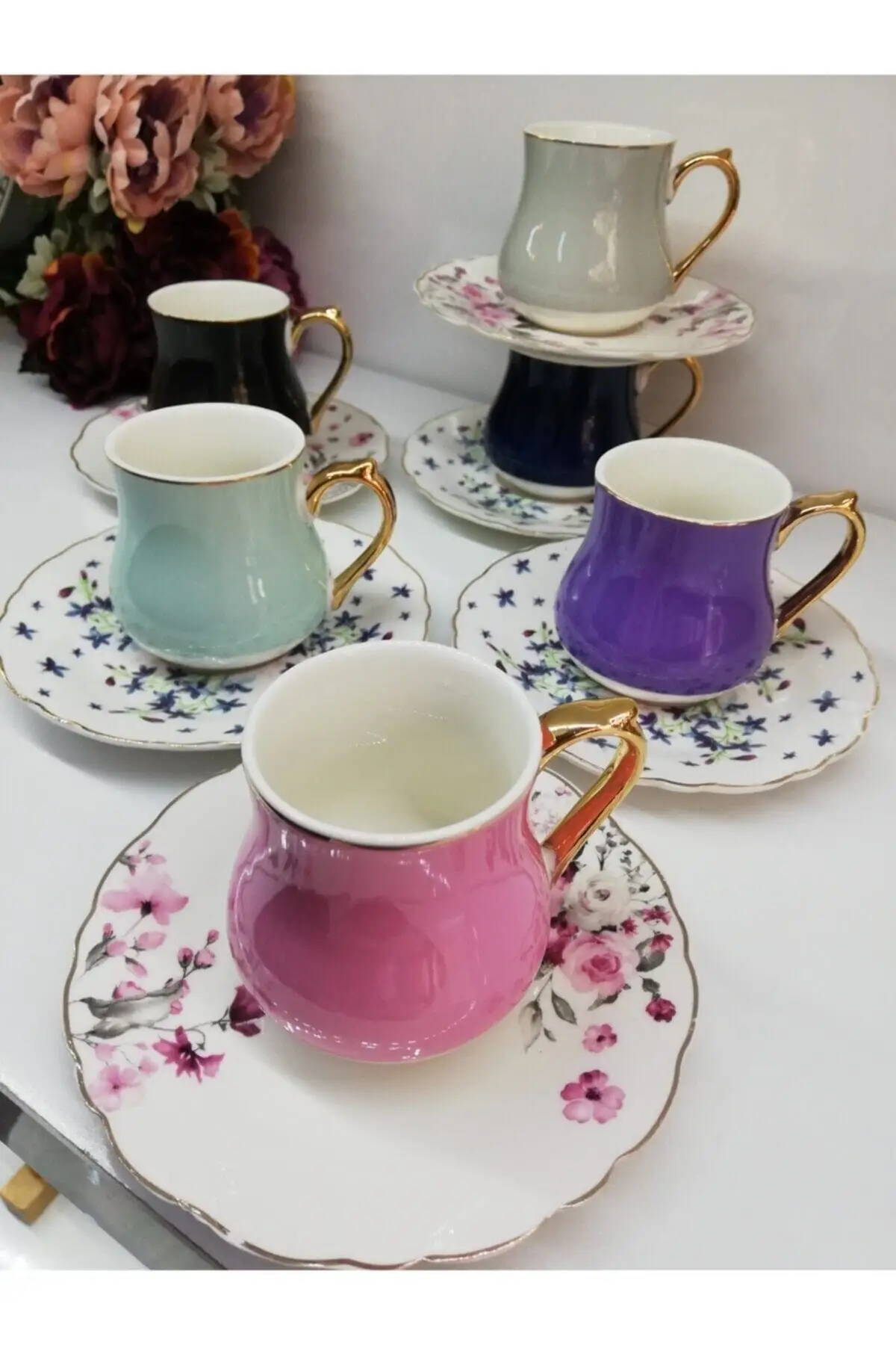 DOLBOVI Susan 6 person colorful floral porcelain coffee cup set 9661