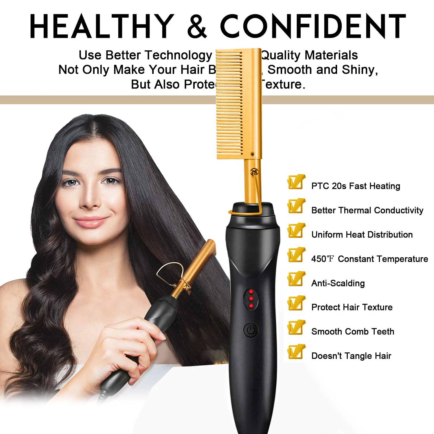 Gold Electric Hair Brushes for Straightener Comb,Copper Hot Comb Heat Pressing Curling/Straightener Styling Brush 220V for Women