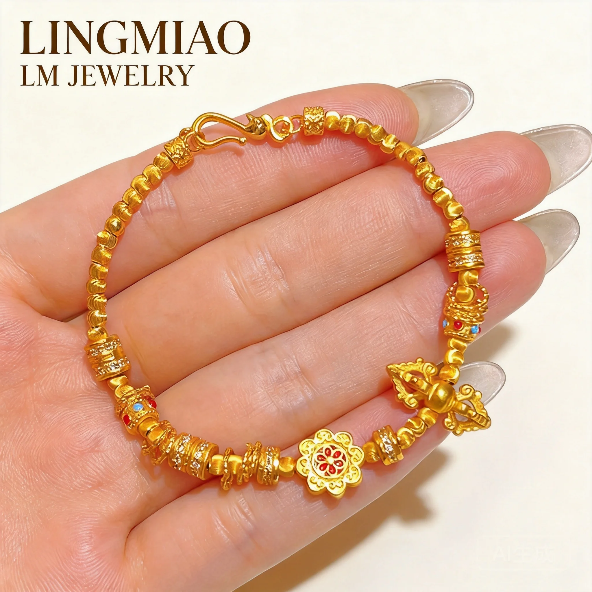 

24k Gold Plated Chinese Traditional Auspicious Vajra Baoxiang Flower Cat Eye Beaded Bracelet Lucky Fortune Blessing Adjustable