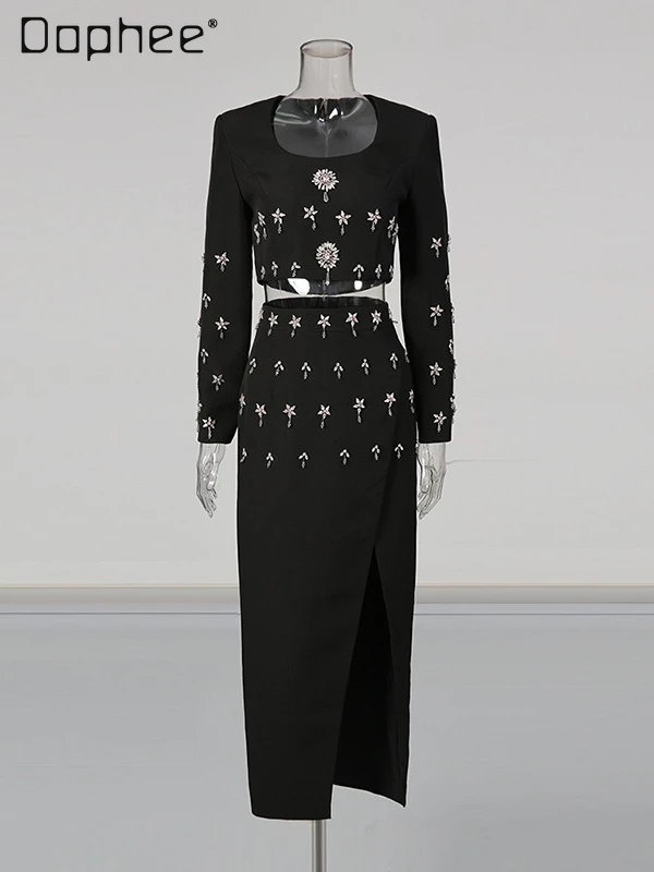 

High-End Evening Dresses Light Luxury Fashion Beading Rhinestone Short Long Sleeve Top High Waist Irregular Mid-Length Skirt