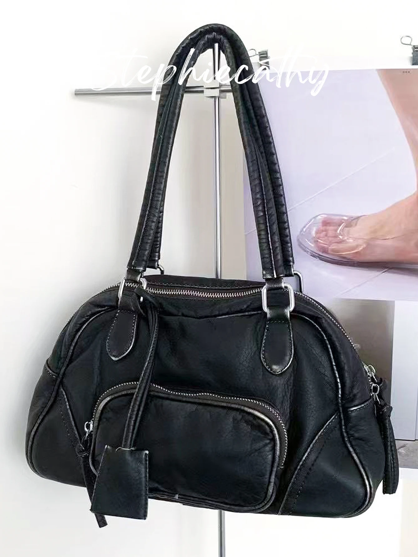 

SC Slouchy Vintage Soft Washed PU Leather Shoulder Bag for Women Zipper Closure Top Handles Handbag Travel Hobo Daily College