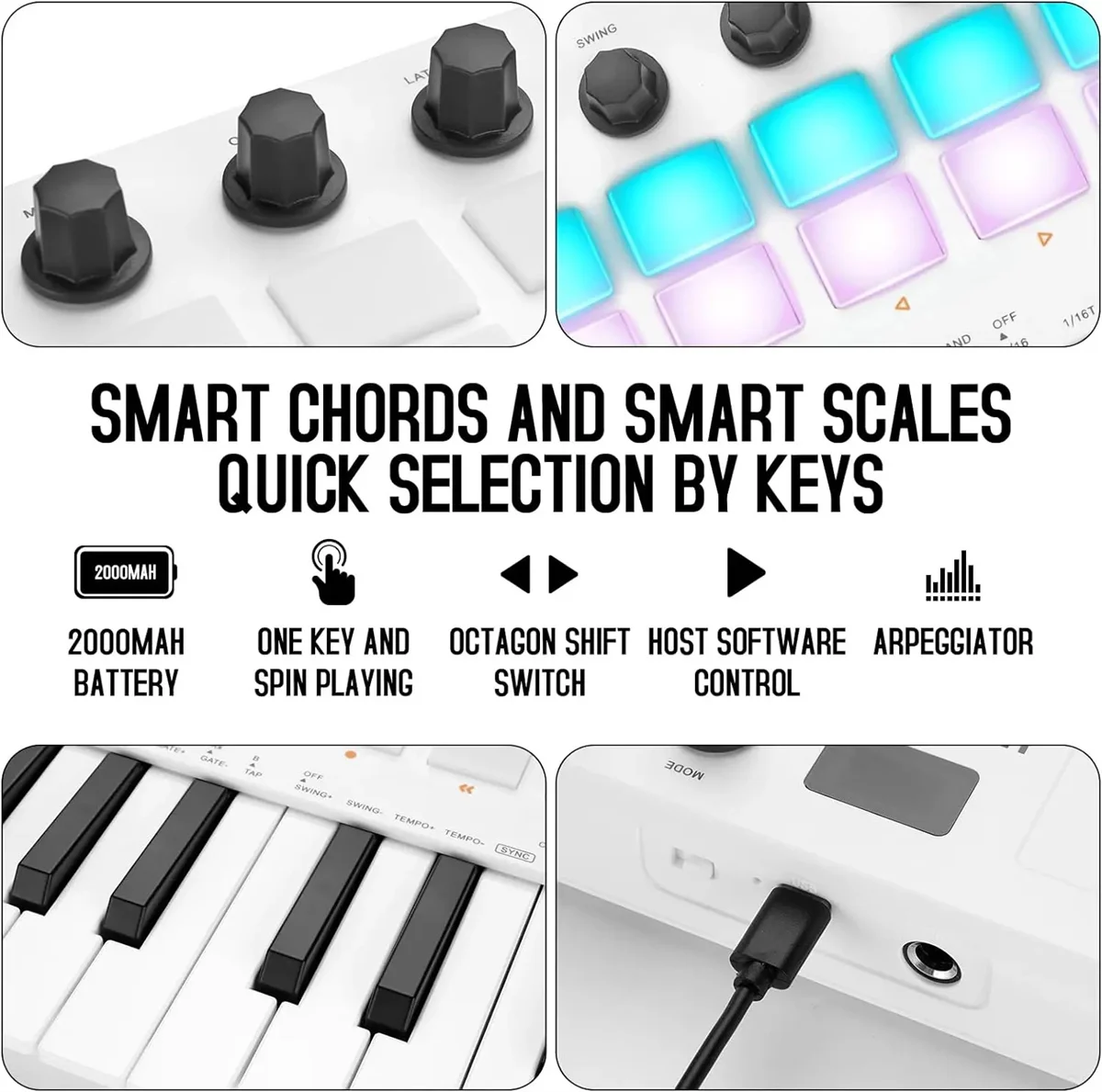 M-VAVE SMK-25 II MIDI Control Keyboard  Mini USB Pad 25 Key Usb Midi Controller,16 RGB Drum Pads,8 Knobs