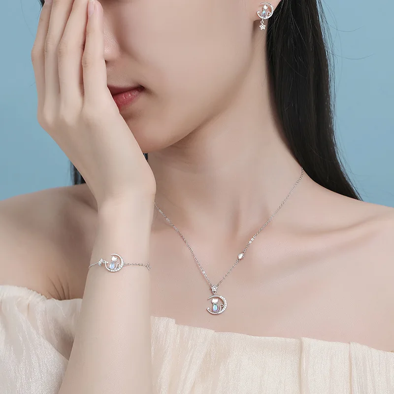 Women\'s European Sparkling S925 Sterling Silver Pave AAA CZ Cat Moon Jewelry Set - Necklace Earrings Bracelet for Birthday Gift