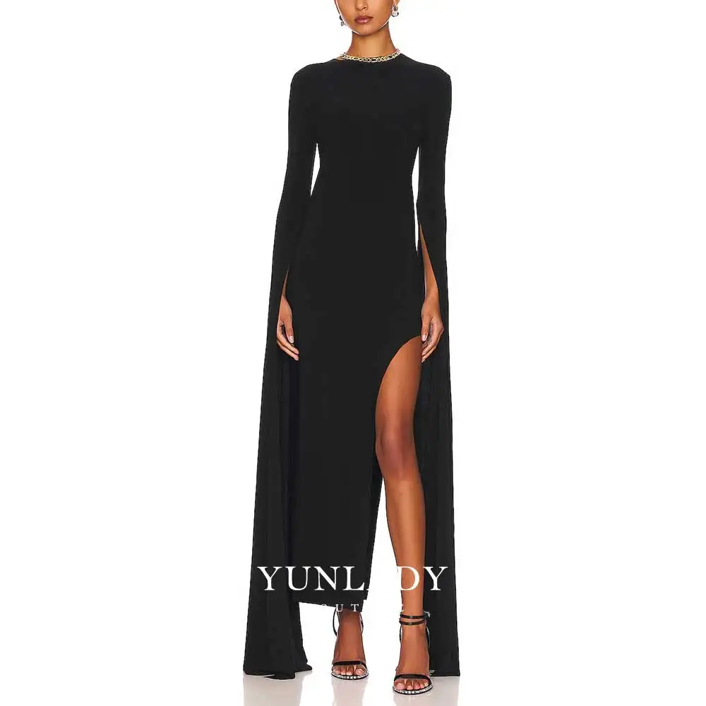 YUNLAN vestido de noche de estilo largo con abertura lateral alta, manga larga, falda envolvente de cadera, ajuste Delgado Sexy, vestido de fiesta musulmán, temperamento negro