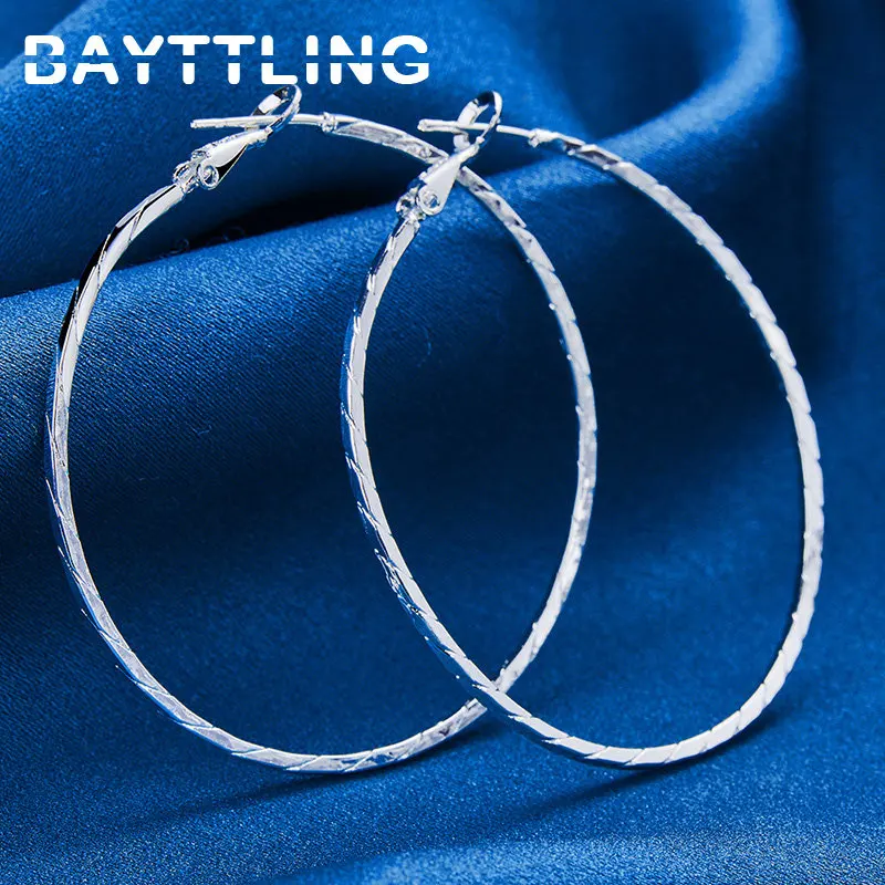 BAYTTLING S925 Sterling Silver 50MM Fine Texture Hip Hop Hoop Earrings For Women Luxury Wedding Gift Fashion Jewelry Accessories