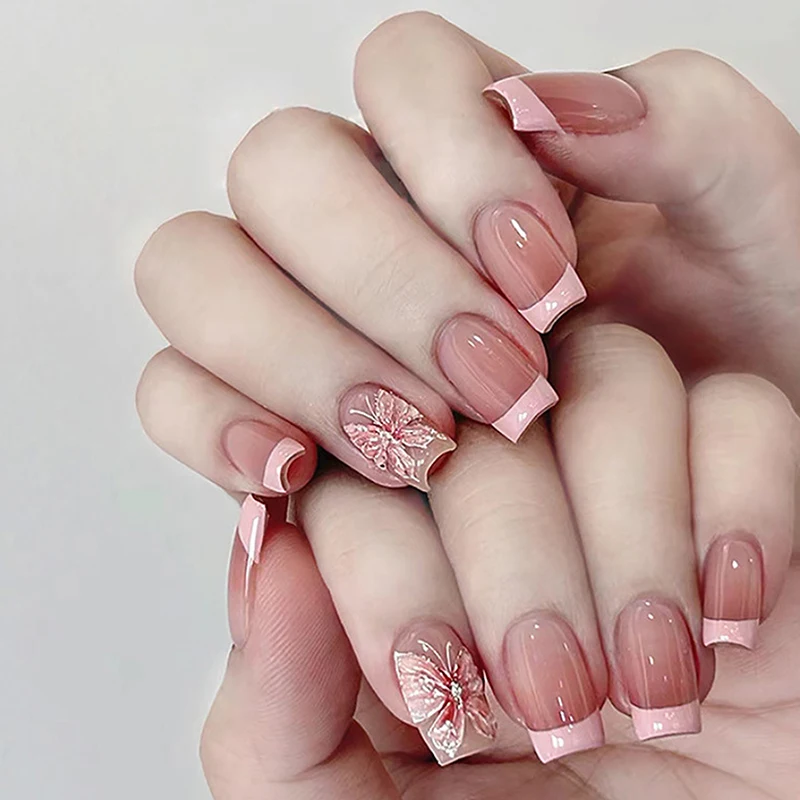 30 pièces rose français papillon court tête carrée presse sur faux ongles avec colle paillettes conception détachable faux ongles