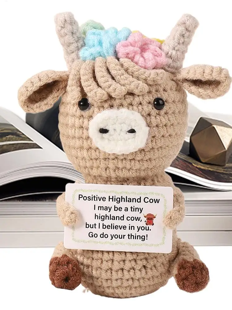 دمية كروشيه هايلاند بقرة لطيفة عاطفية دمية كروشيه صغيرة إيجابية تماثيل زخرفية #4