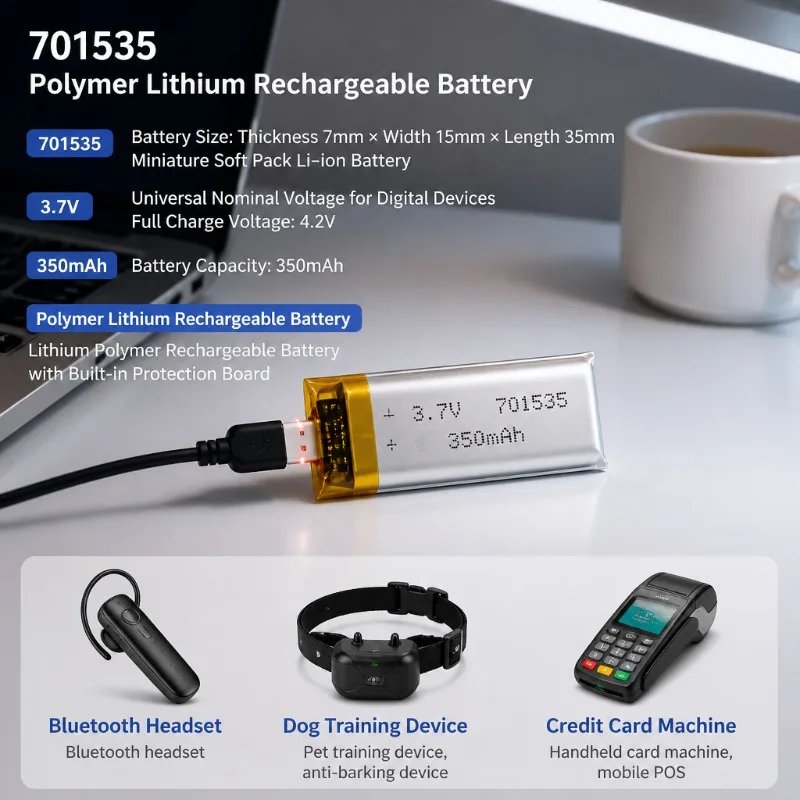 701535 3.7V 350mAh Polymer Lithium Rechargeable Battery For Bluetooth Headset Dog Trainer POS Credit Card Machine
