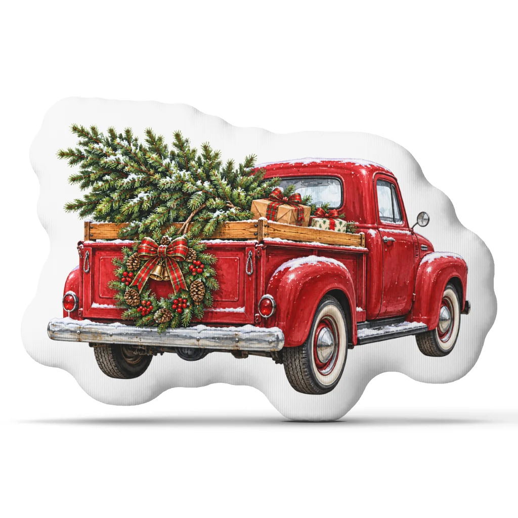 Vintage Red Pickup Truck Christmas Pillow Farmhouse Holiday Cushion Stuffed Throw Pillow Irregular Shape Sofa Home Decor Gift