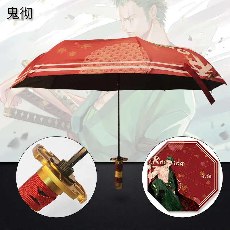 One Piece 3 Folding Rain Umbrella Windproof Sun Protection Travel outdoor Luffy Zoro Nami Katana Knife Parasol Wind Resistant