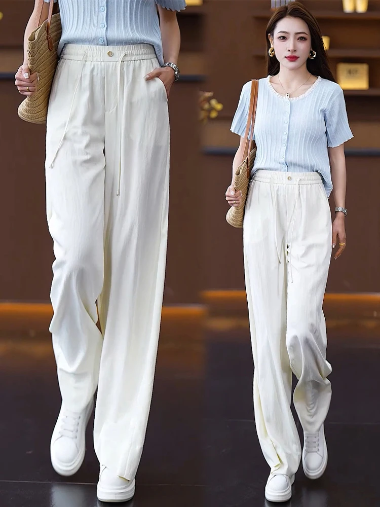 

Широкие брюки из ледяного шелка для женщин: летние, тонкие, в новом стиле, с эластичным поясом, свободного кроя, с высокой талией, повседневные, прямые, струящиеся